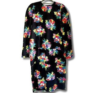 Albert Nipon Vintage Silk Floral Polka Dot Midi Dress Black Multicolor (Sz 4)